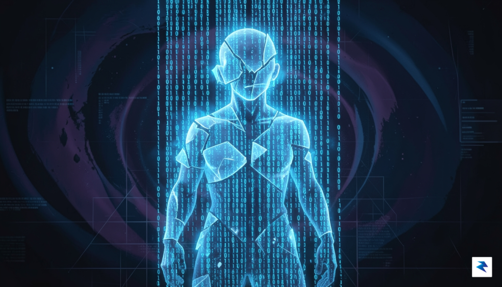A conceptual digital illustration showing a glowing, fragmented human silhouette&hellip;