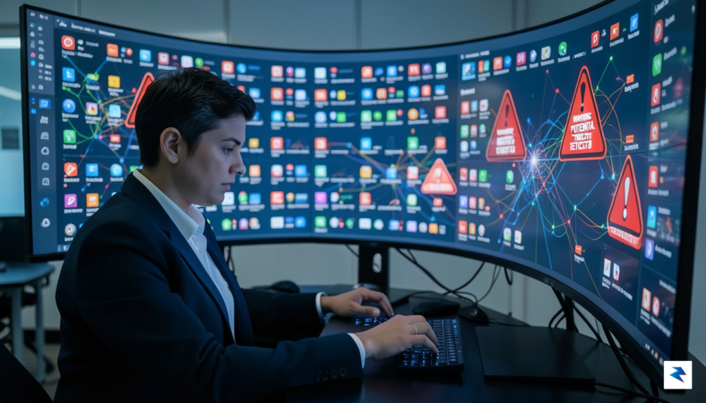 A digital security analyst monitoring a complex network dashboard displaying&hellip;