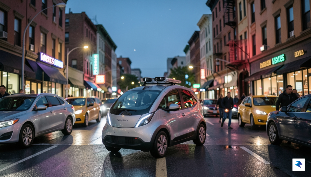A wide-angle street photography shot of a Waymo autonomous vehicle&hellip;