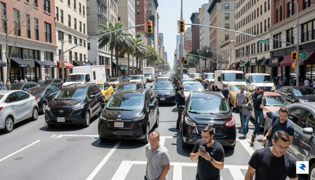 A wide-angle street-level photograph of several autonomous Waymo vehicles stopped&hellip;