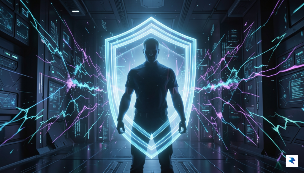 A conceptual digital illustration showing a glowing, multi-layered shield protecting…