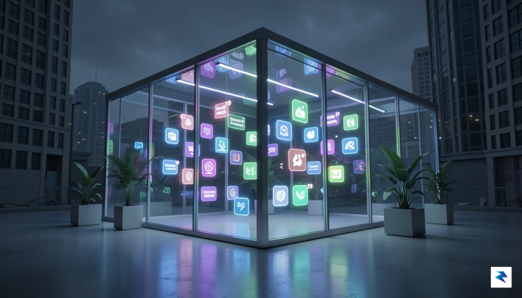 A conceptual digital illustration showing a glass walled garden structure…