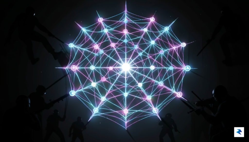 A digital art representation of a glowing, fragmented spider web&hellip;