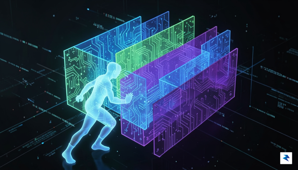 A conceptual digital illustration showing a glowing, multi-layered firewall being&hellip;