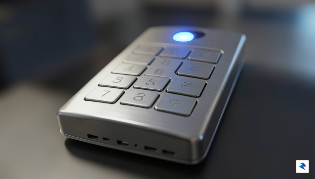 A close-up shot of a high-tech smart lock keypad with…