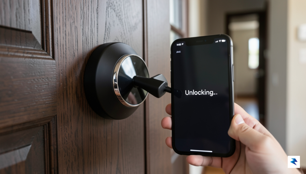A close-up shot of a smartphone tapping against a sleek,…