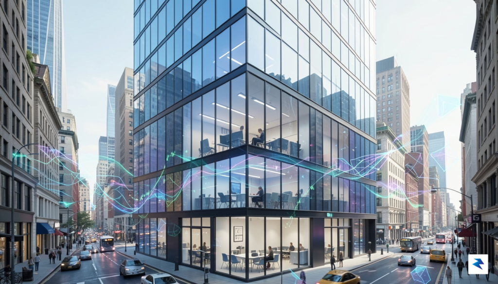A professional, modern digital illustration showing a glass-walled office building…
