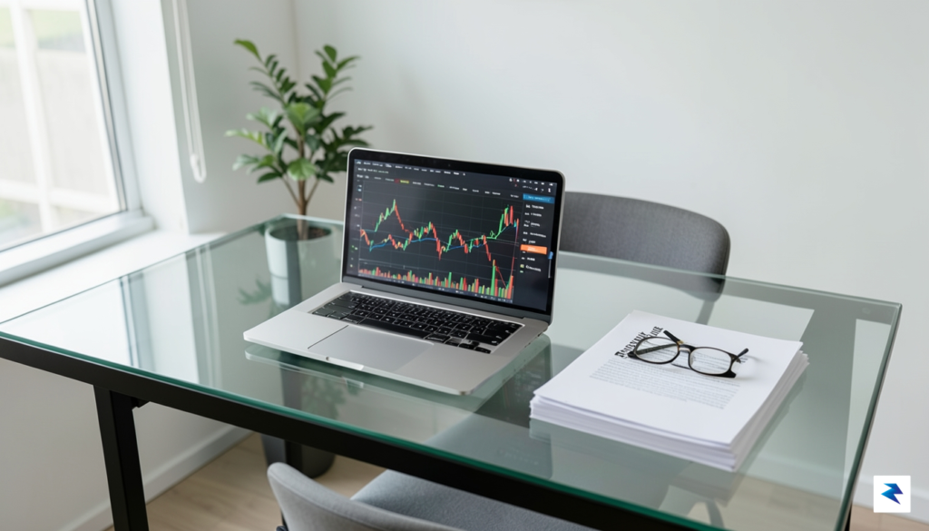 A professional, high-angle shot of a clean, modern workspace featuring…