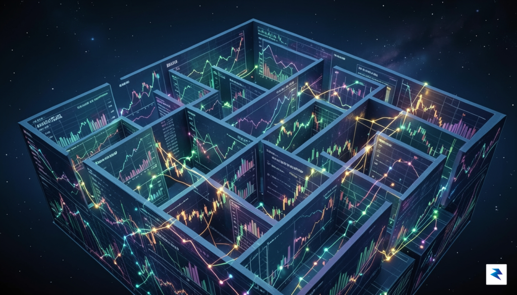 A conceptual digital illustration showing a complex maze of financial…