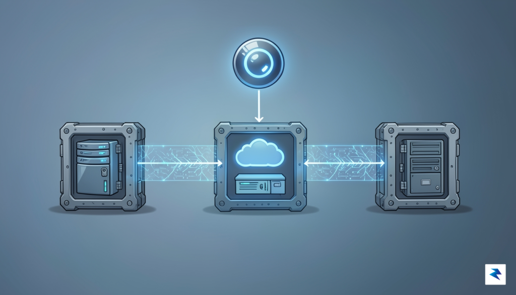 A clean, professional digital illustration showing a data architecture diagram…