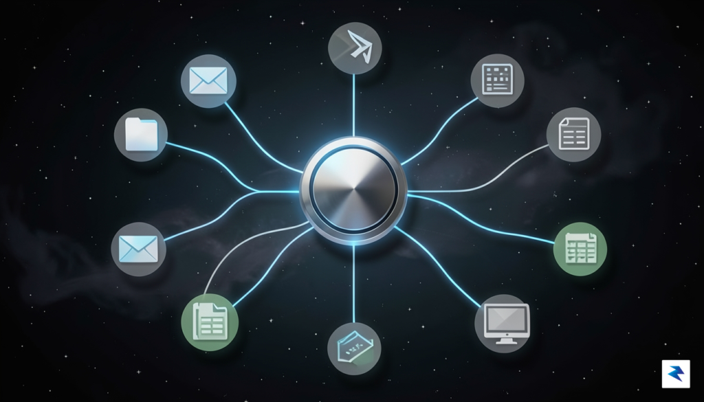 A conceptual digital visualization showing a central AI node connecting…