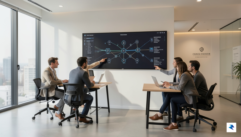 A modern, minimalist office space where a diverse team is…