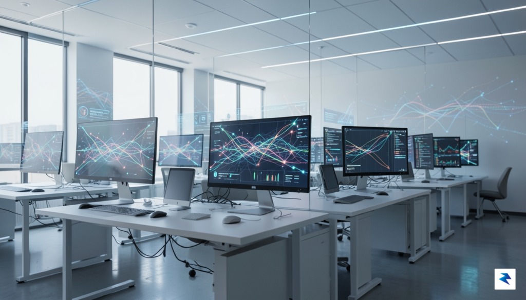 A modern, sleek office environment where digital holographic interfaces showing…