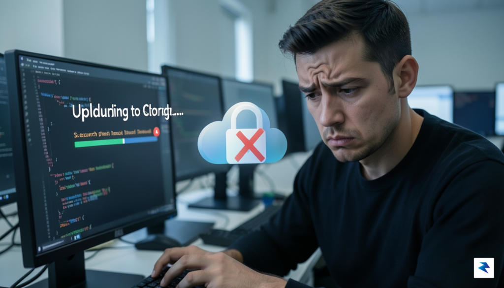 A developer looking concerned at a computer screen showing lines…