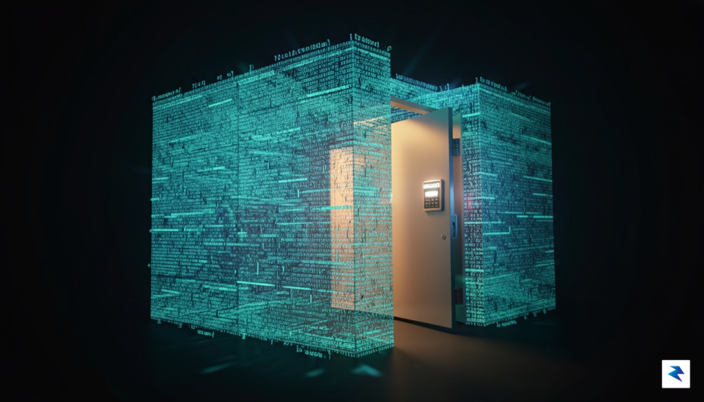 A conceptual digital visualization of a firewall with a glowing,…