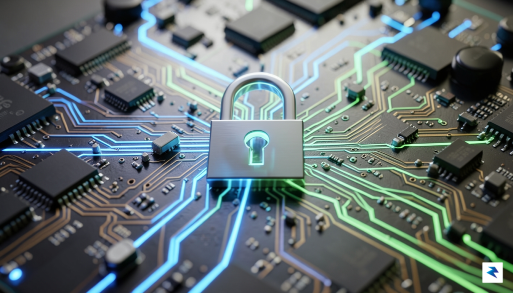 A close-up of a router's circuit board with glowing lines…