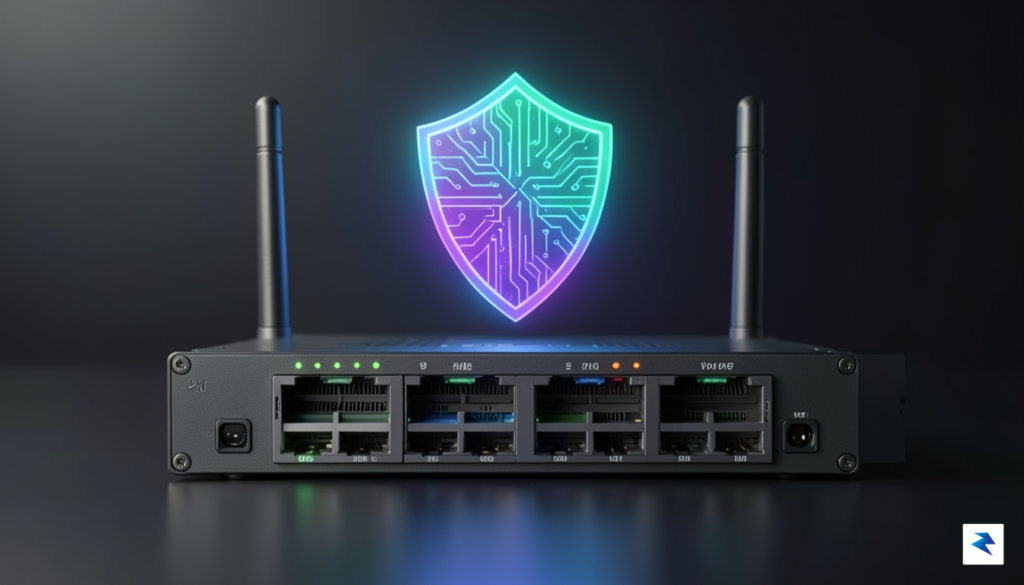 A close-up, high-tech digital illustration of a network router with…