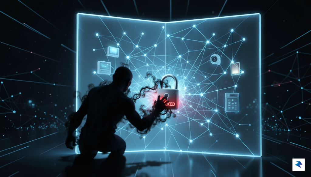 A conceptual digital visualization showing a glowing, transparent wall representing…