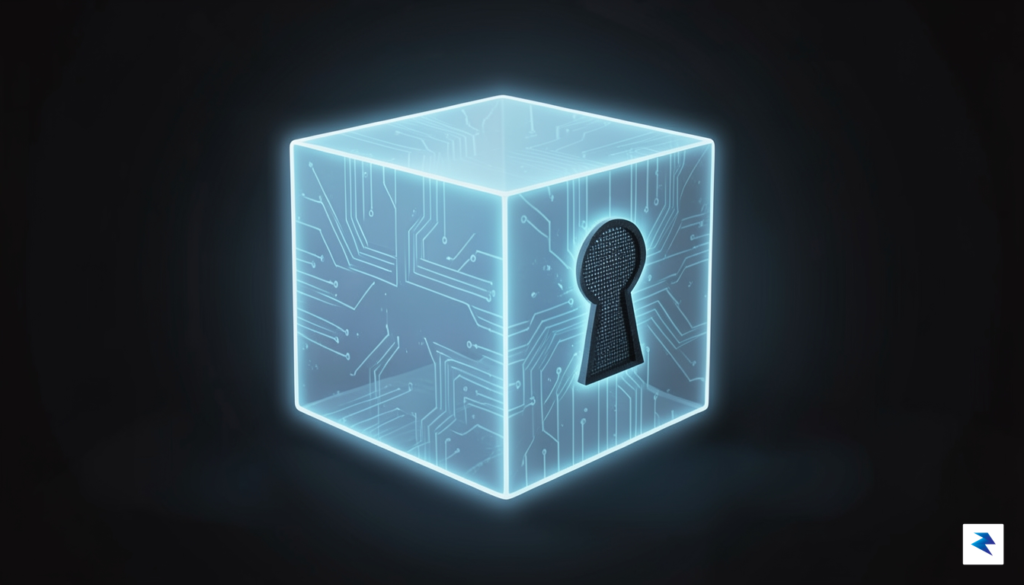 A conceptual digital illustration showing a glowing, transparent cube representing…