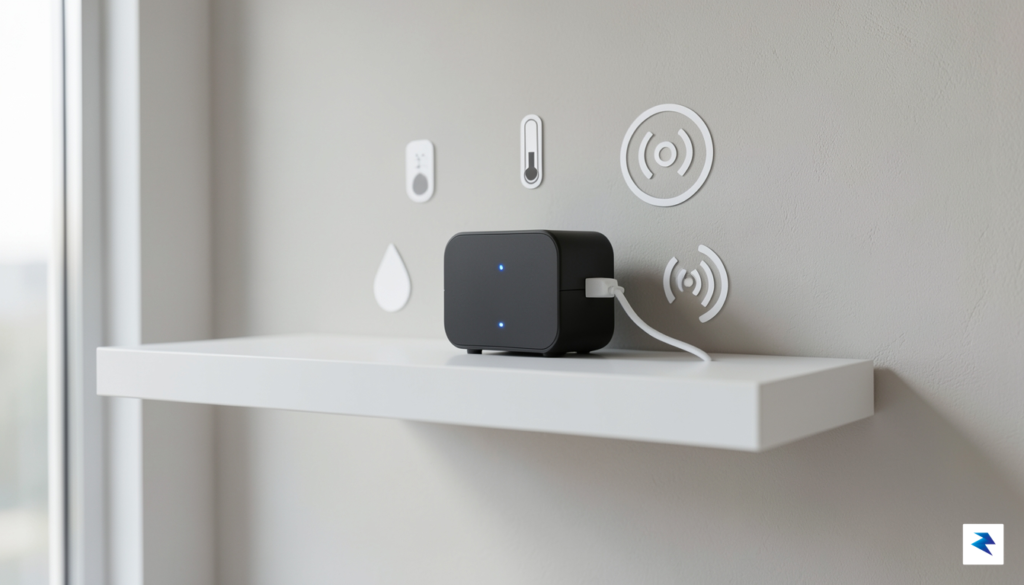 A minimalist smart home server setup sitting on a shelf,…