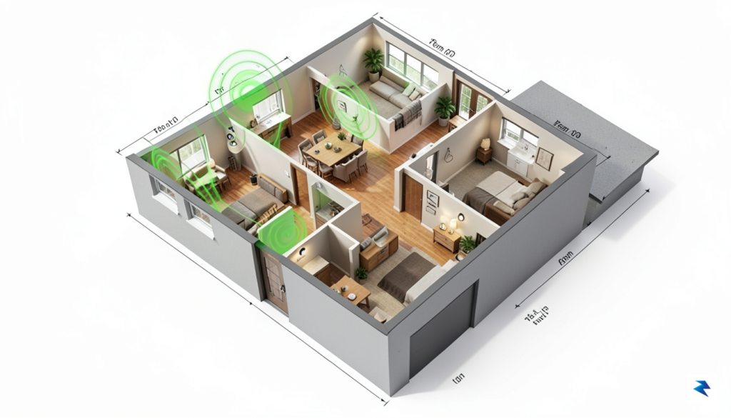 A 3D isometric floor plan of a home with highlighted…