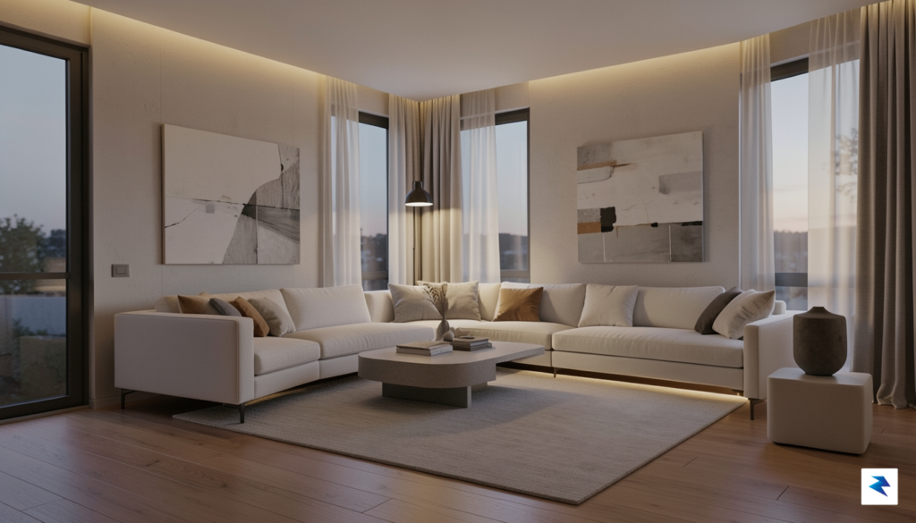 A minimalist, modern living room interior at dusk, featuring soft…
