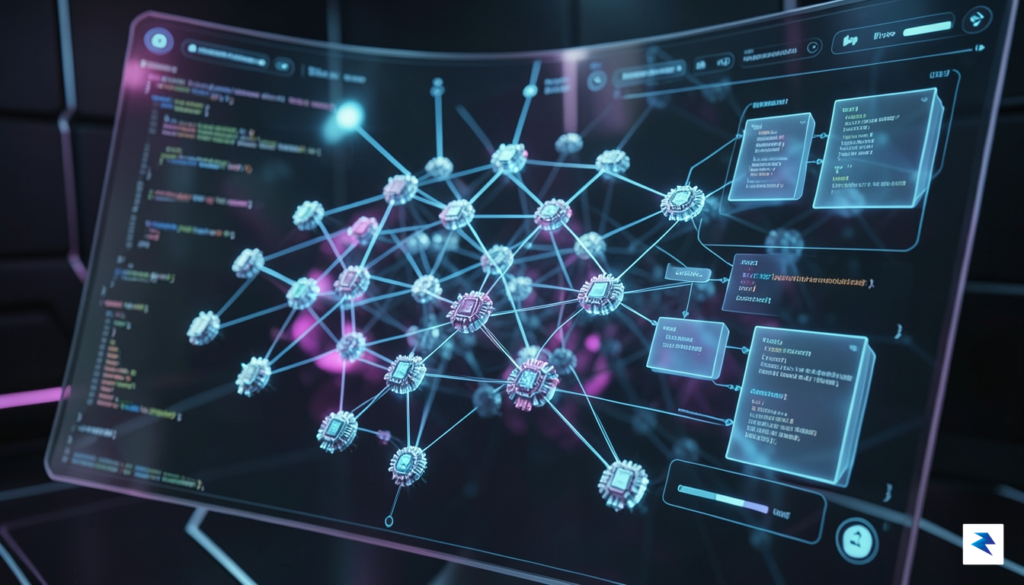 A close-up, high-tech visualization of a neural network architecture being…