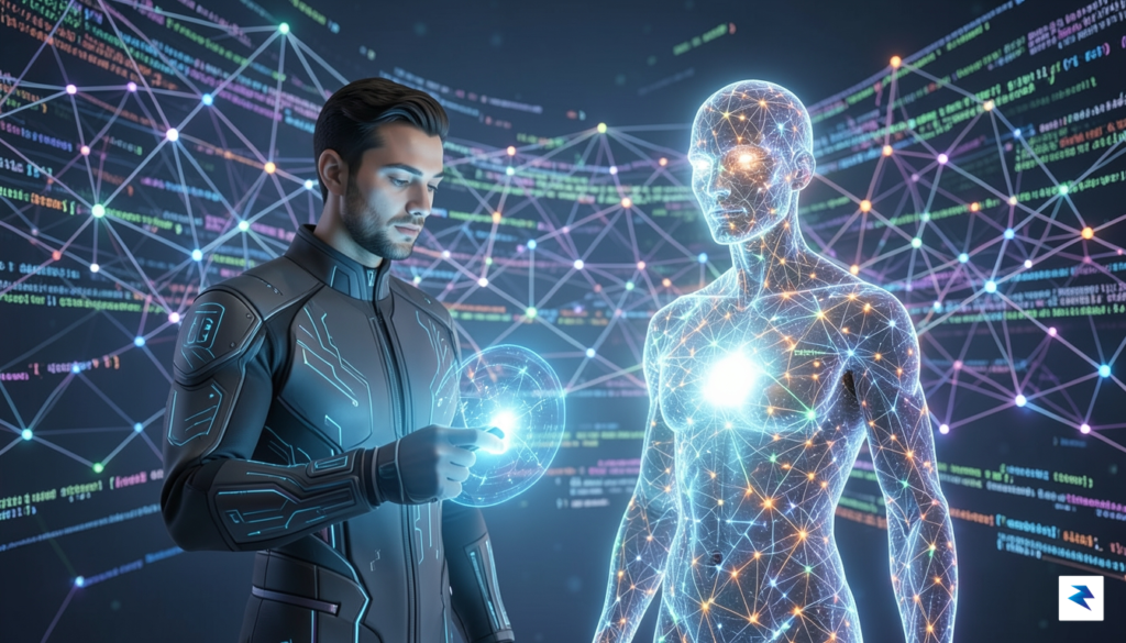 A conceptual digital illustration showing a human engineer and an…