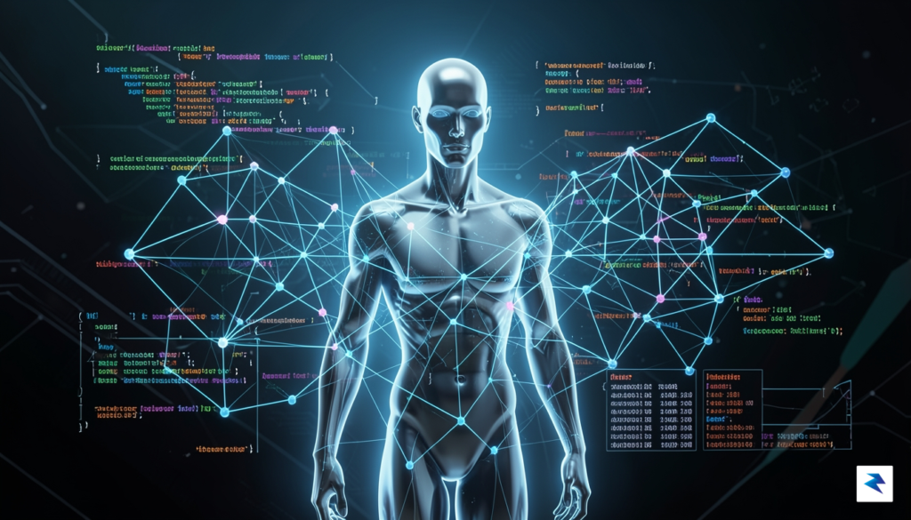 A conceptual digital illustration showing a humanoid AI silhouette interacting…