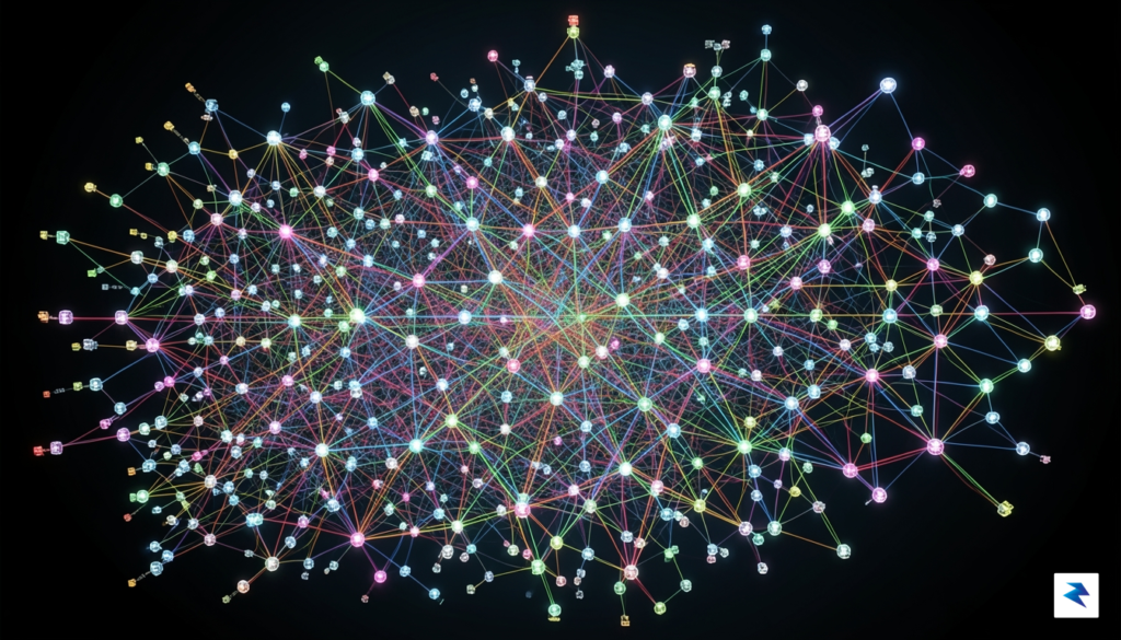 A digital visualization of a complex, sprawling software architecture map…