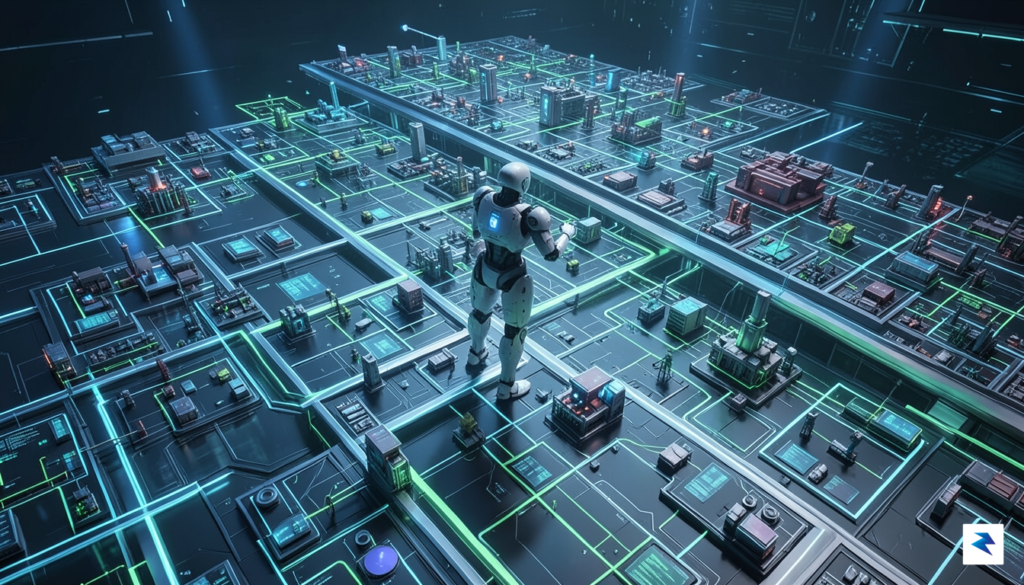 A conceptual illustration showing an AI agent navigating a complex,…
