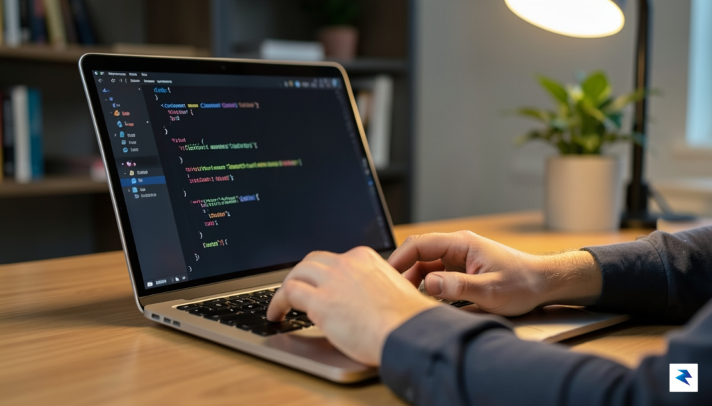 A developer's hands typing code on a laptop, with a…