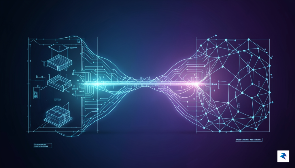 A conceptual illustration showing a digital bridge connecting two architectural…
