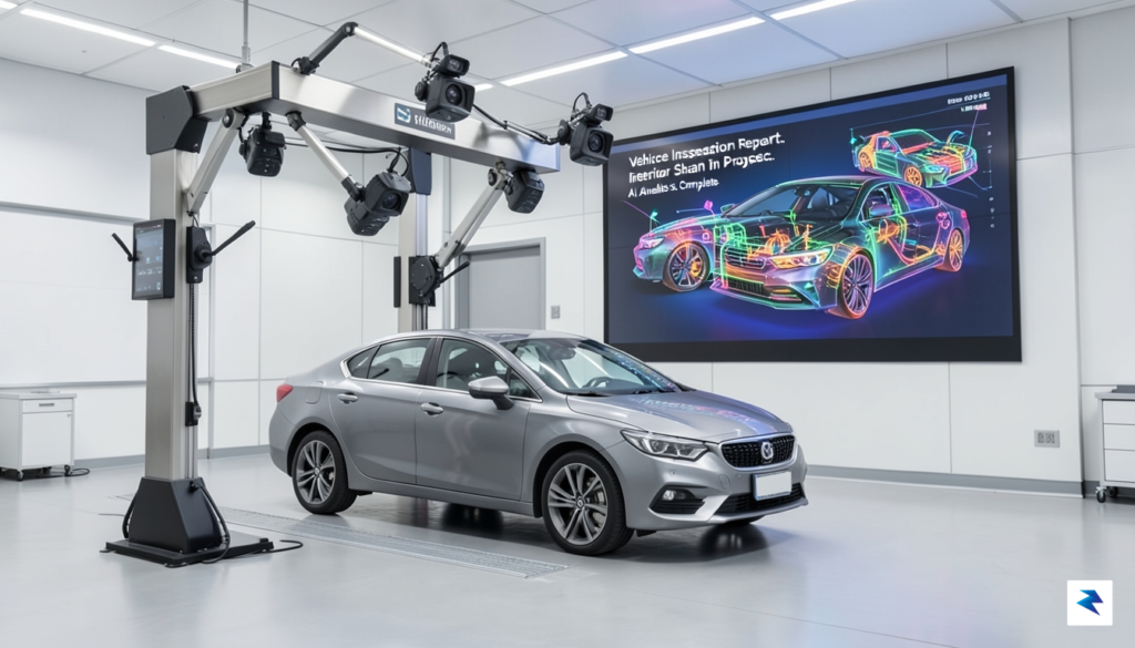 A sleek, modern AI-powered vehicle inspection gantry with high-resolution cameras&hellip;