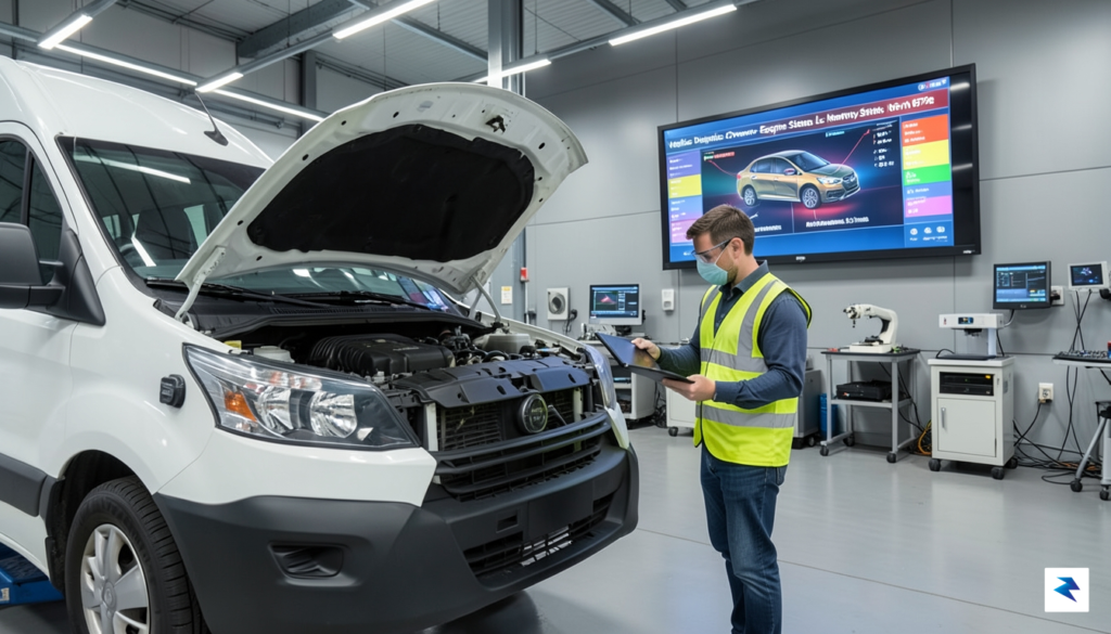 A modern, high-tech fleet maintenance facility showing a technician using&hellip;