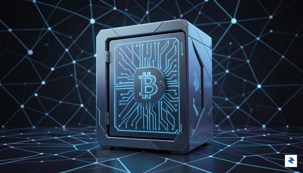 A digital, stylized representation of a locked Bitcoin vault glowing…