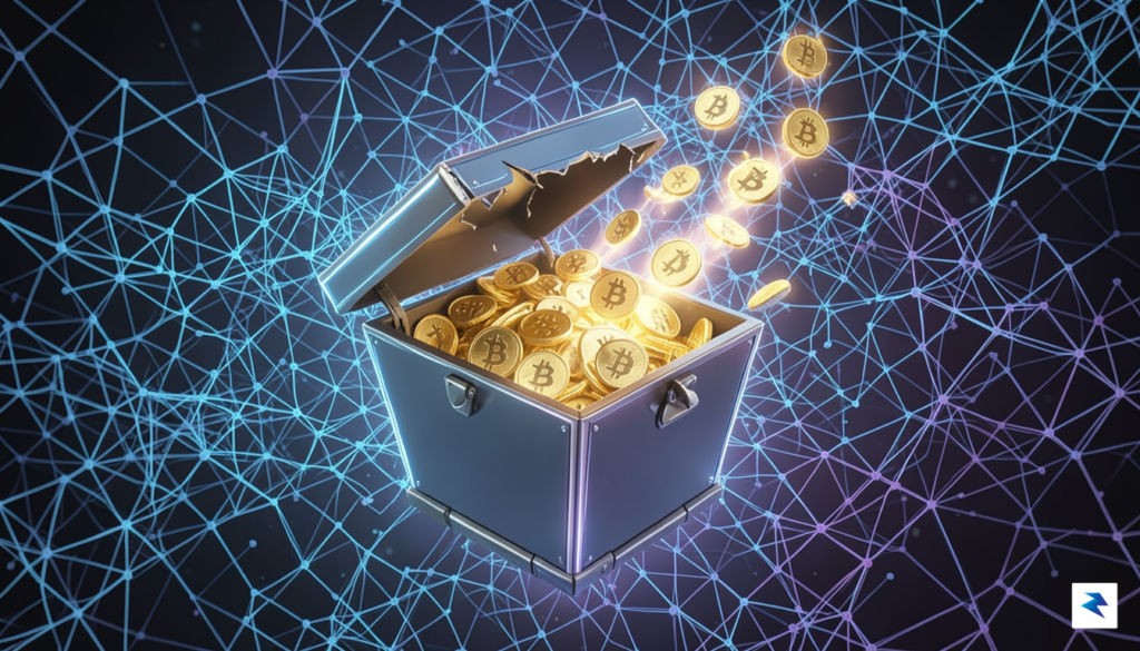 A conceptual illustration showing a digital Pandora’s box cracking open,…