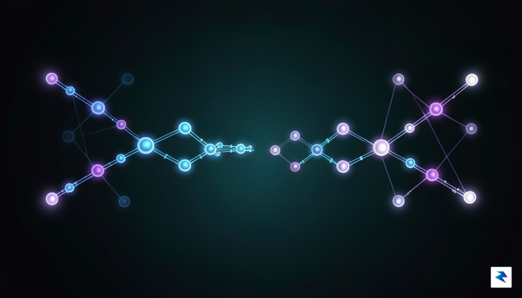 A conceptual digital illustration of a split blockchain network path,…