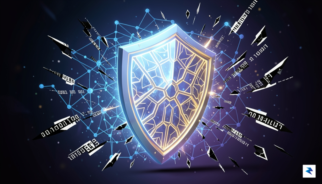 A digital illustration representing a glowing, futuristic shield protecting a…