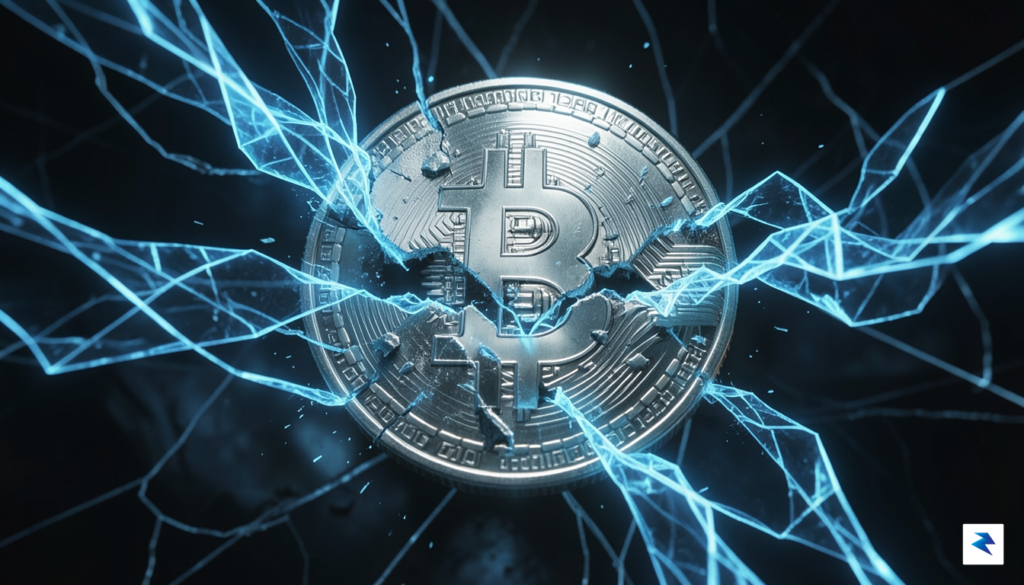 A conceptual illustration showing a digital Bitcoin coin being partially…