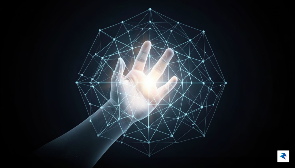 A conceptual digital illustration showing a translucent, glowing human hand&hellip;