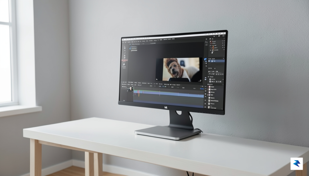 A clean, minimalist workspace featuring a high-end monitor connected to&hellip;