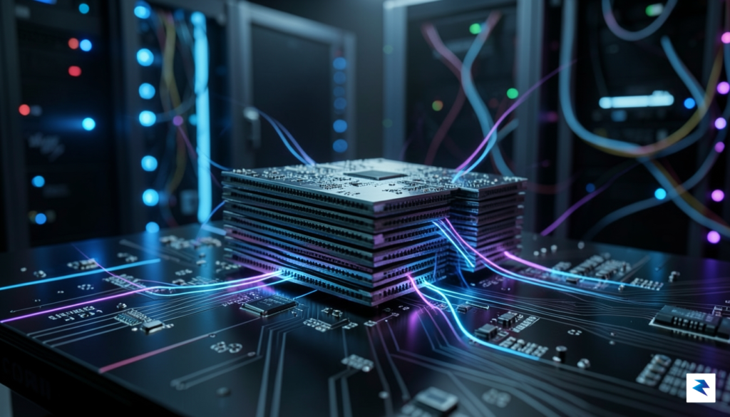 A close-up, high-tech shot of stacked High Bandwidth Memory (HBM)&hellip;