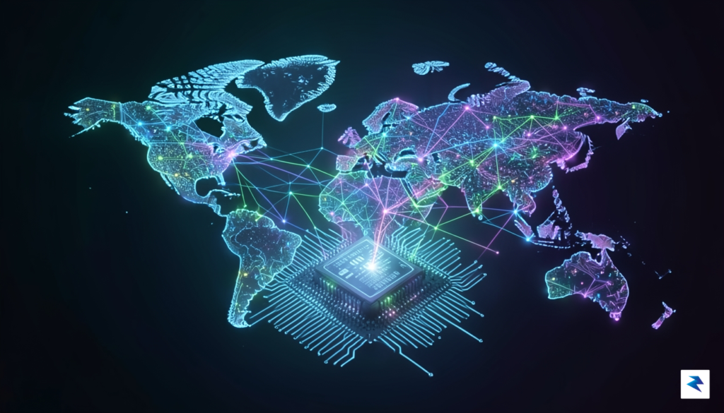 A modern digital visualization of a glowing, interconnected global stock&hellip;