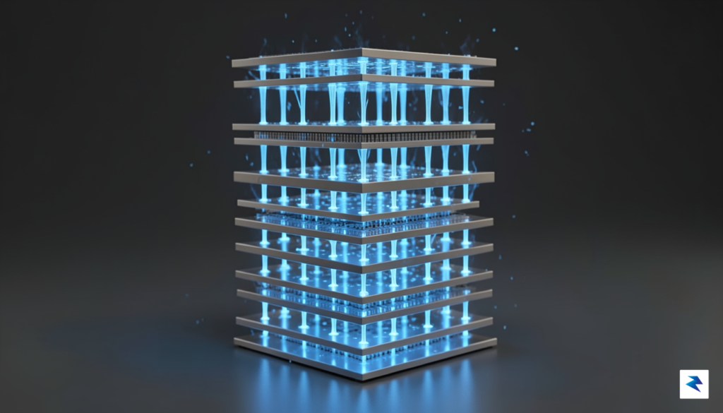 A conceptual 3D render showing a vertical stack of memory&hellip;