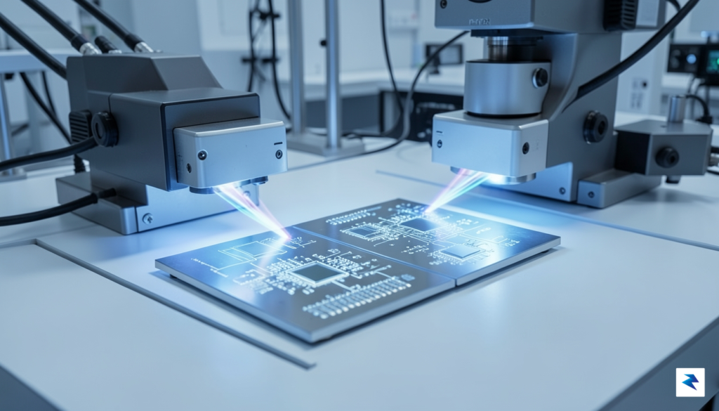A high-tech laboratory environment showing close-up, glowing silicon wafers and&hellip;