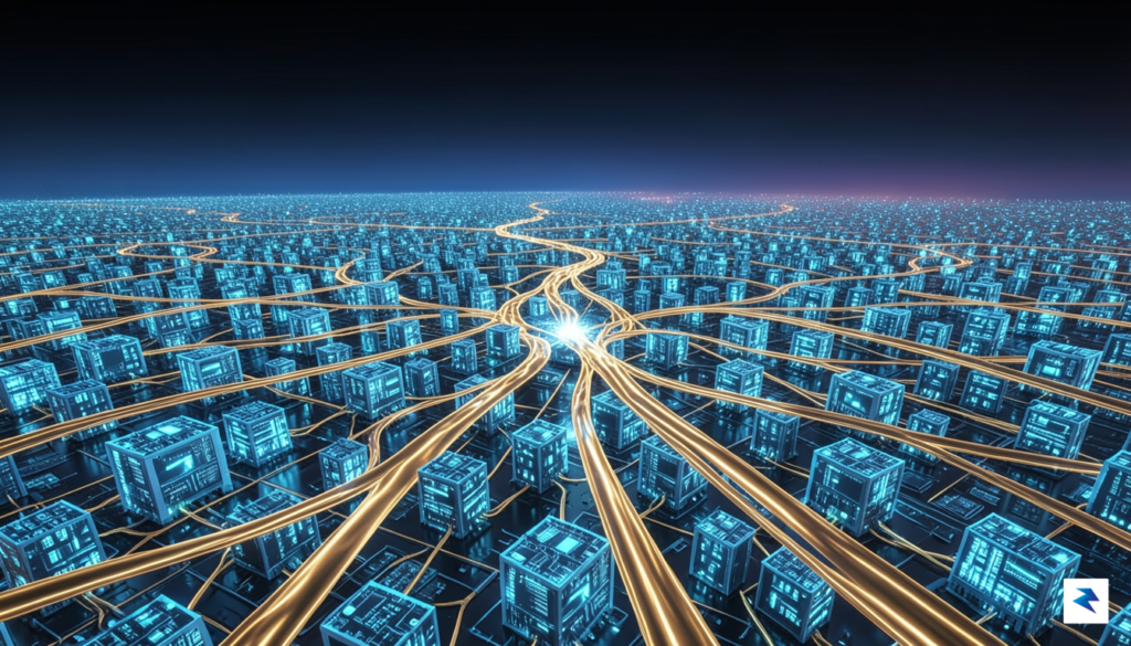 A wide-angle digital illustration showing a glowing, intricate network of…