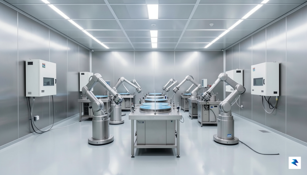 A modern, high-tech semiconductor fabrication plant interior showing automated robotic…