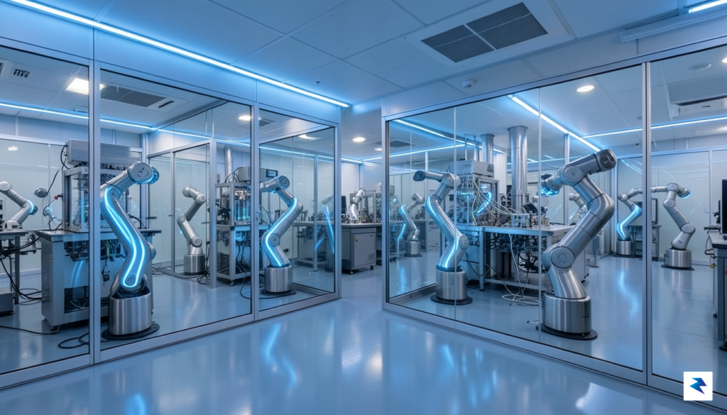 A modern, high-tech semiconductor manufacturing facility featuring glowing robotic arms…