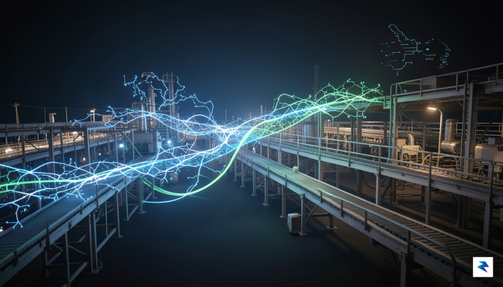 An abstract representation of intertwining digital circuits and physical factory…